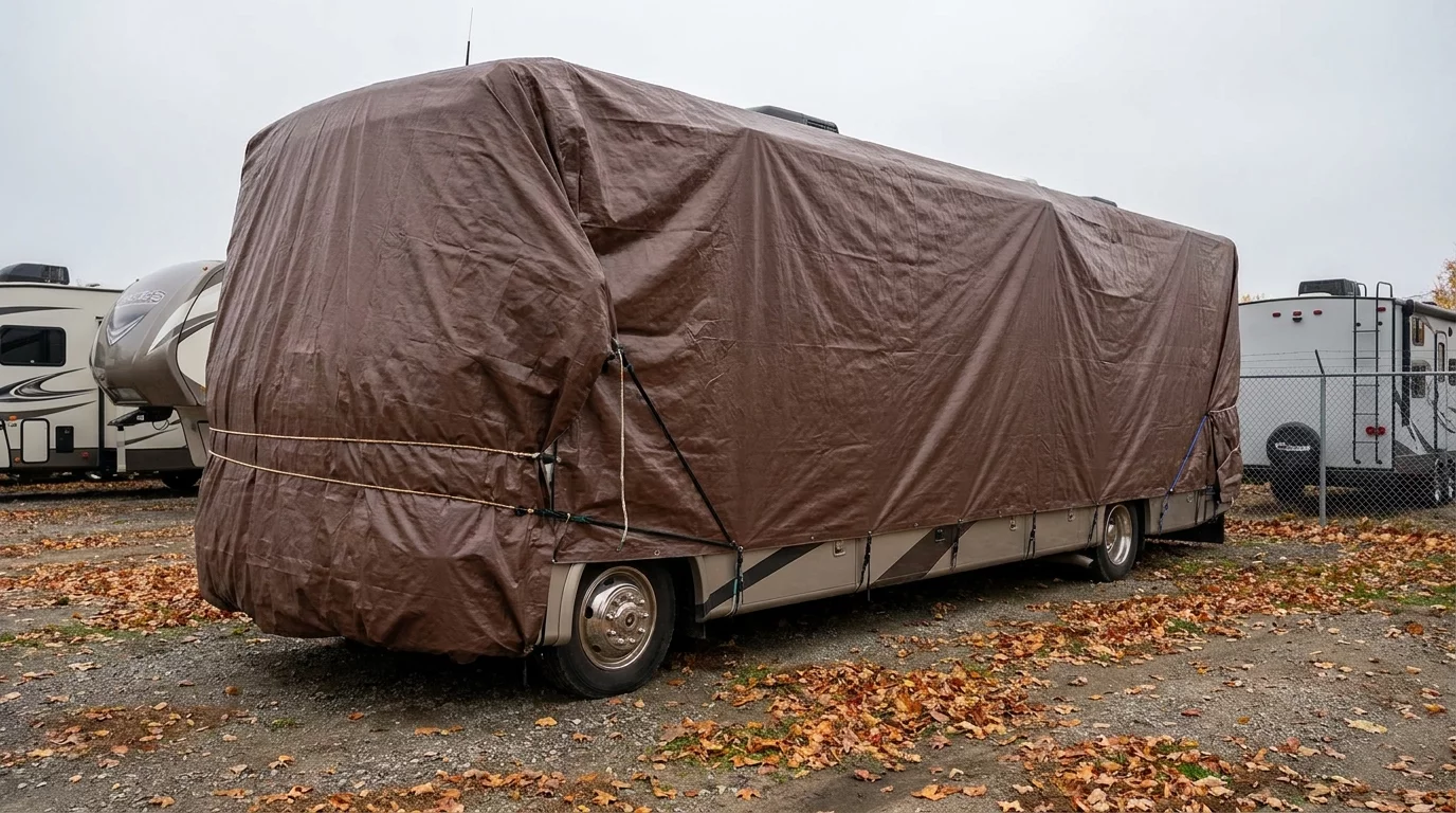 Camping-car sous housse de protection en hivernage