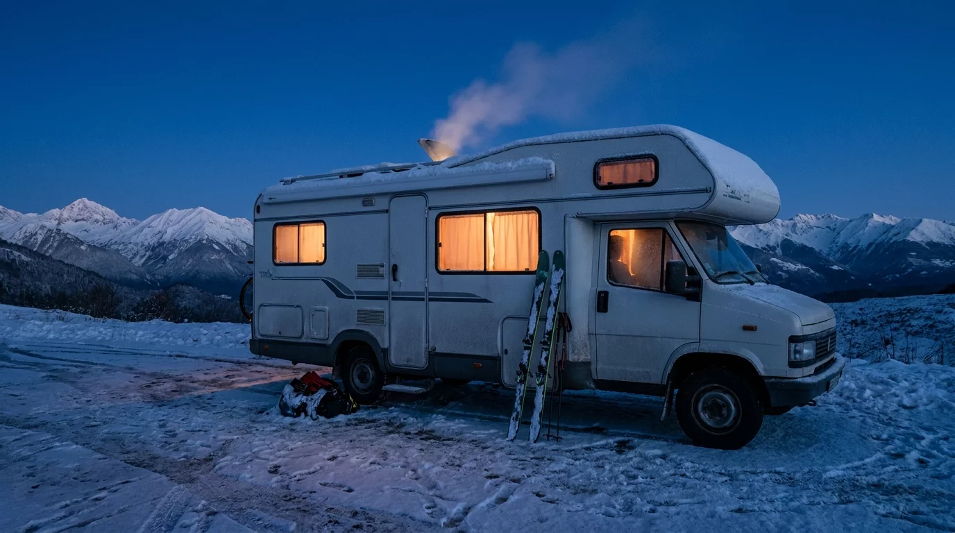 Camping-car stationne en montagne enneigee avec occupants