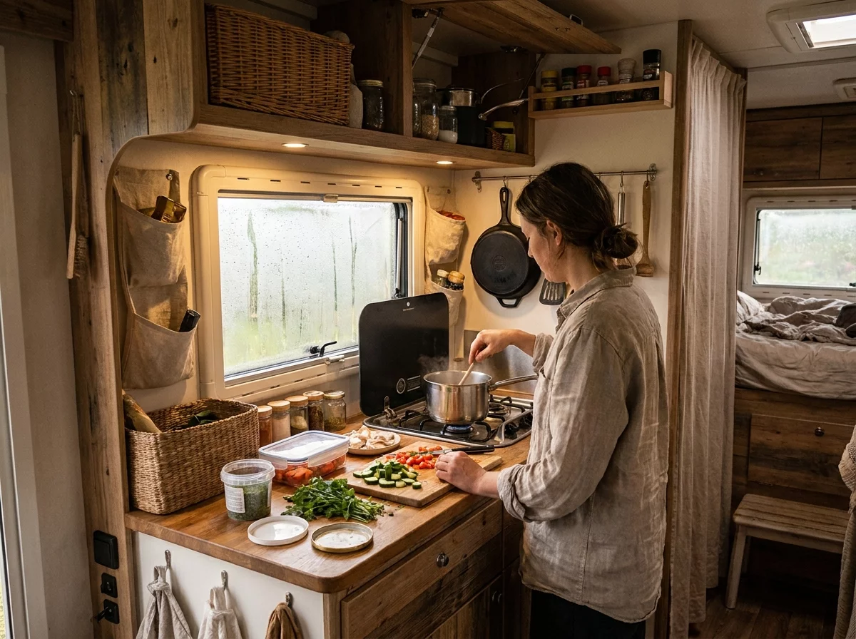 Coin cuisine camping-car en cours d'utilisation