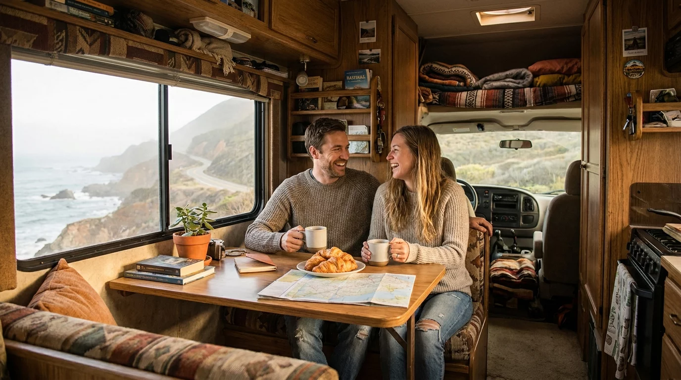 Couple petit-dejeuner dans camping-car avec vue sur paysage