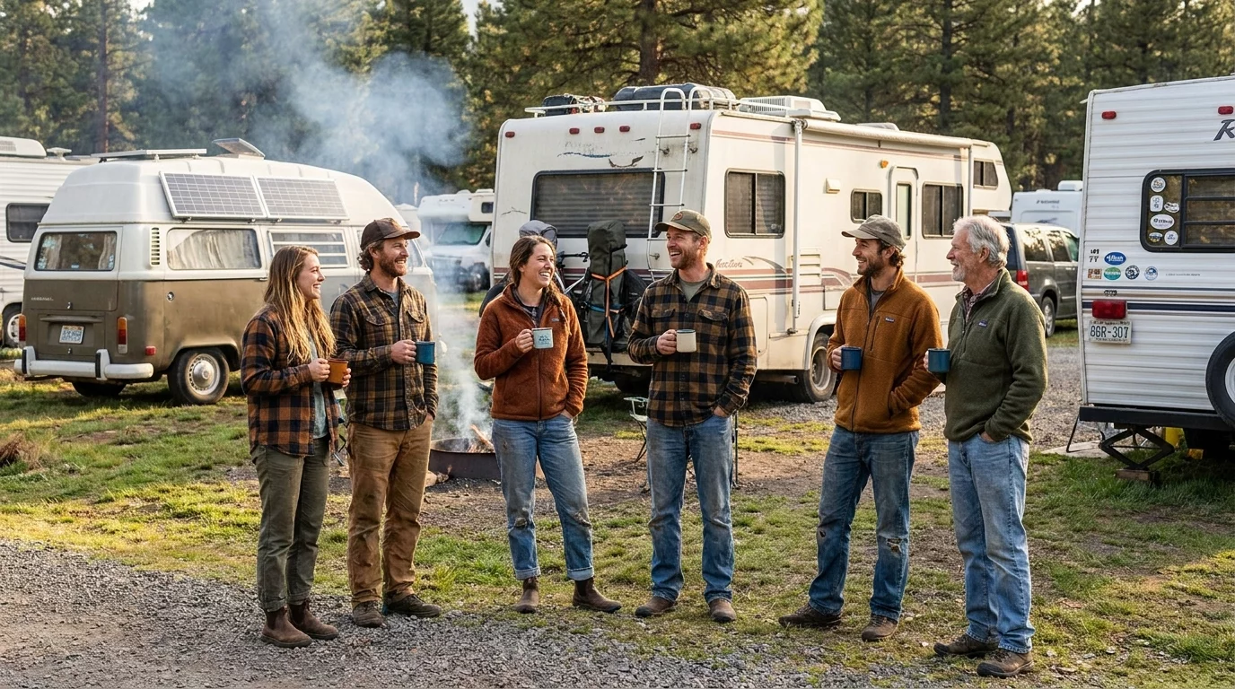 Equipe de camping-caristes devant leurs vehicules