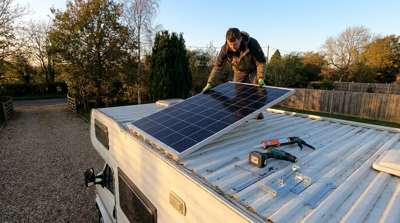 Installation panneau solaire sur toit de camping-car
