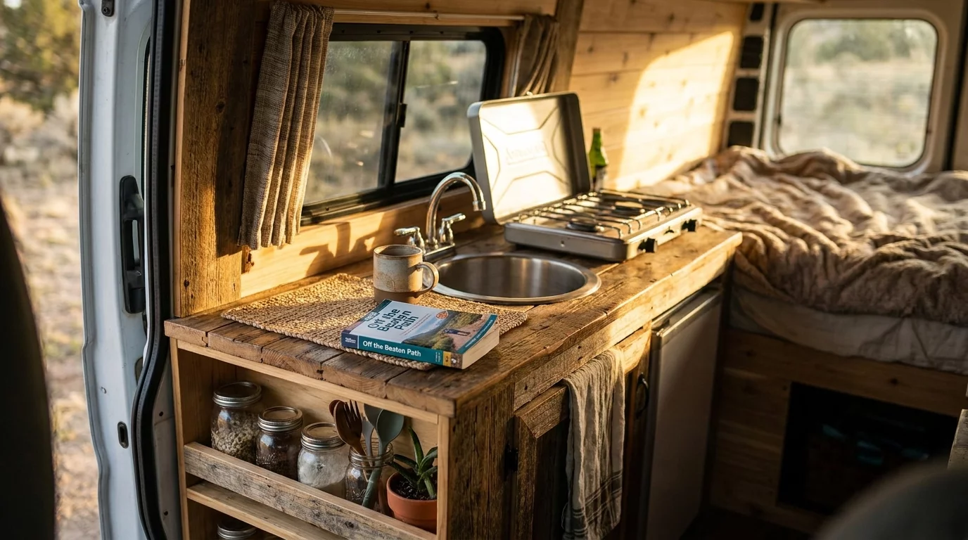 Interieur amenage d'un van compact avec coin cuisine