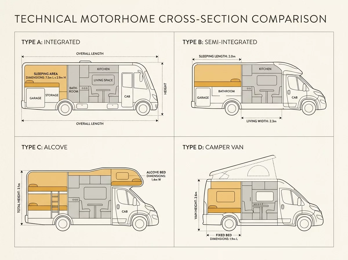 Schema comparatif des dimensions et amenagements