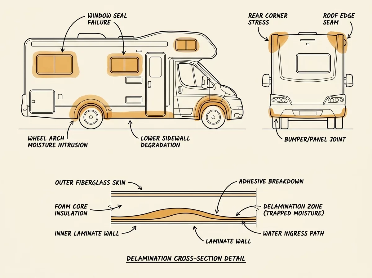 Schema des zones a risque de delamination sur camping-car